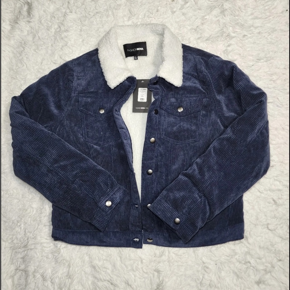 Denim Blue Corduroy Jacket with White Sherpa Collar